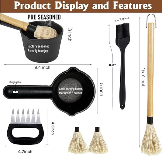 BBQ Mop Brush and Cast Iron Basting Pot - Grilling Tool Set with Basting Brush an Meat Shredder Claws for Meat Smoker, Grill and Stove(8pcs)