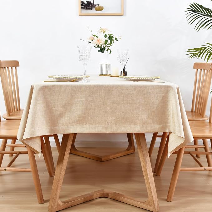 Wolkemer Faux Linen Rectangle Tablecloth Heavy Duty Wrinkle Resistant Fabric Table Cloths 60 x 84 Inch Beige Farmhouse Oblong Table Cover for Kitchen Dining Indoor Outdoor Tabletop Decoration
