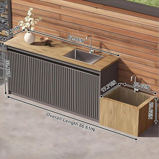 87IN Outdoor Kitchen Cabinet - Kitchen Cabinet with Countertop Includes Stripe Design & Mop Pool,Outdoor Table with Aluminum Alloy,Stainless Steel Sink and Slate Countertop,Hidden Handle