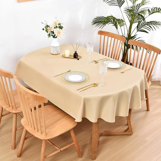 Wolkemer Large Oval Tablecloth 60 x 120 Inch Washable Fabric Table Cloth Solid Beige Table Cover for Dining Wedding Party Banquet Tabletop Decoration