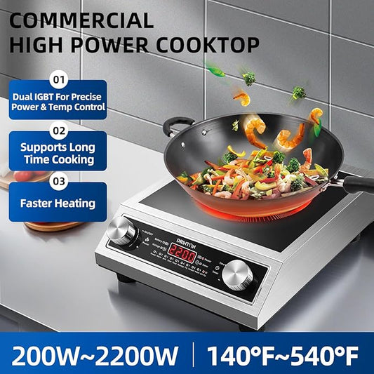 Induction Cooker, 2200W Commercial Induction Cooktop, Large Countertop Burner with 10 Cooking Functions & Dual IGBT for Safe Use, Portable Stainless Steel Hot Plate with 3 Hours Timer, 120V
