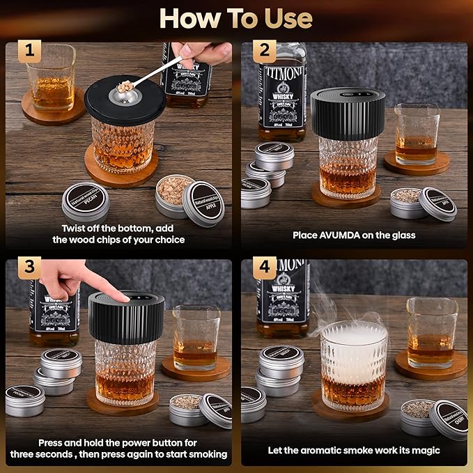 Electric Whiskey Smoker Kit, Old Fashioned Bourbon Drink Cocktail Smoking Kit with 8 Flavors Wood Chips, Anniversary Birthday Gifts Christmas for Men Father Whiskey Lovers (NO Butane Needed)