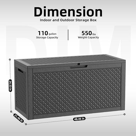 PatioZen 110 Gallon Deck Box Outdoor, Weatherproof Resin Patio Storage Box, Waterproof Outdoor Storage Boxes with Lid Lockable for Cushions, Garden Tools,Black