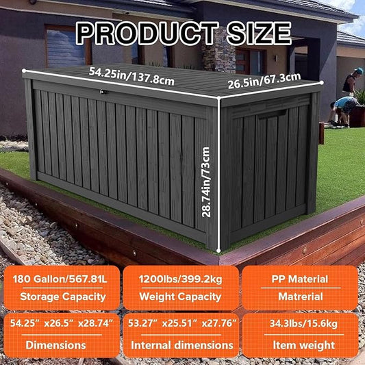 Outdoor Storage Box 185GAL Waterproof Resin Deck Box,Pool Accessories Supplies,UV-Resistant Lockable Package Delivery Bin for Garden Tools,Large Patio Outside Cushions,Chest,Furniture,Black