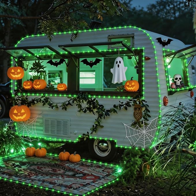 YEGUO Green Solar Halloween Lights, 66ft 200 LED Solar Rope Lights Outdoor Waterproof, 8 Modes Fairy Lights in Clear Thin Tube