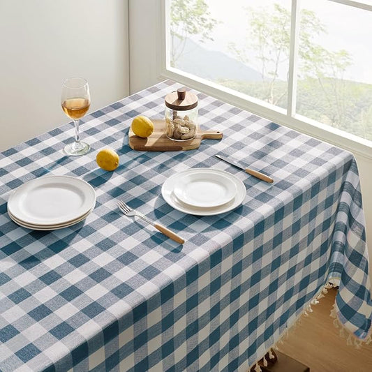 Softalker Checkered Tablecloth Rectangle, Outdoor Linen Cotton Gingham Table Cloth with Tassel, Heavy Duty Wrinkle Free Buffalo Plaid Table Cover for Kitchen Dining Summer Party - 55 x 70 Inch, Navy