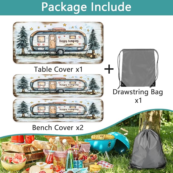 Picnic Table Cover with Bench Covers and Bag, Camping Essentials, Camper Forest Wooden Grain Outdoor Table Covers, Waterproof Windproof, Fitted Tablecloth Cover with Elastic Edge, 3 PCS, 30x96 Inch