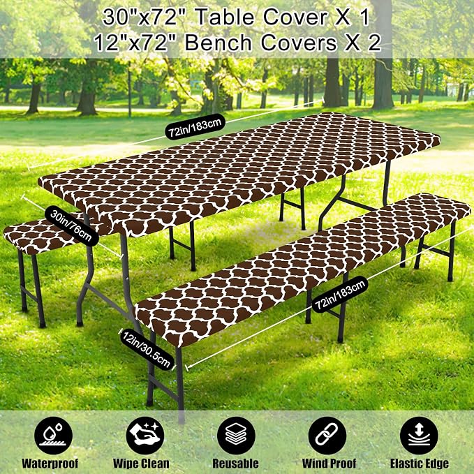Smiry Picnic Table Cover with Bench Covers, Waterproof Elastic Fitted Tablecloth for 6 Foot Tables, Washable Polyester Tablecloths for Camping, Indoor & Outdoor (Coffee, 30x72 Inch 3-pc Set)