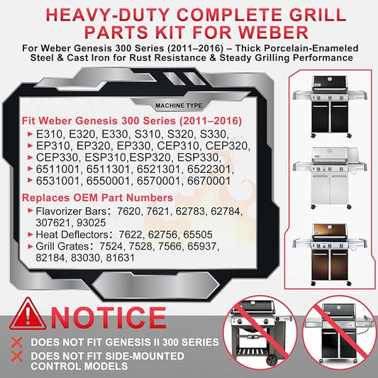Grill Parts Kit for Weber Genesis 300 310 330 Grill Parts for Weber Genesis E330 E310 S310 S330 EP330 EP310 S320 E320 Grill Parts 7621 Flavorizer Bars 17.5", Genesis 7524 Grates, 7622 Heat Deflector