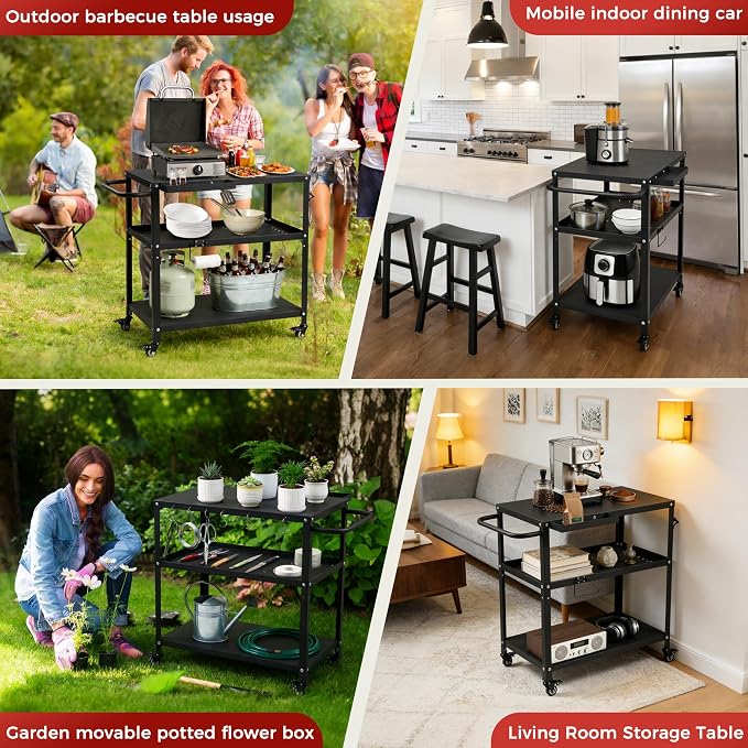 Grill Cart Table Indoor & Outdoor with 4 Lockable Casters, Hooks & Side Handle, Multifunctional Pizza Oven Stand for Patio Kitchen