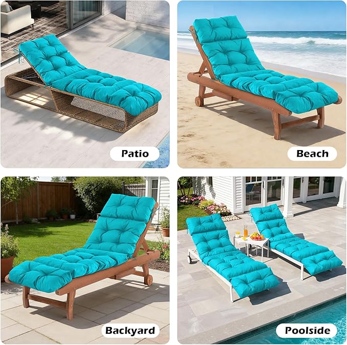 Chaise Lounge Cushions Outdoor, Waterproof & Fade Resistant Patio Lounge Chair Cushions for Outdoor Furniture, Chaise Cushion with Ties for Patio, Pool, Lawn and Beach, 75.1x22.8x4.7 Inch, Teal