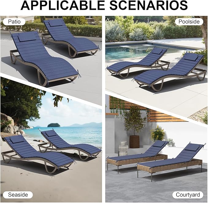 Crestlive Products Chaise Lounge Cushion Outdoor Set of 2, Foldable Waterproof Pool Lounge Chair Cushions with Straps, Lounger Cushions for Outdoor Furniture, 80''Lx26''W (Sky Blue)
