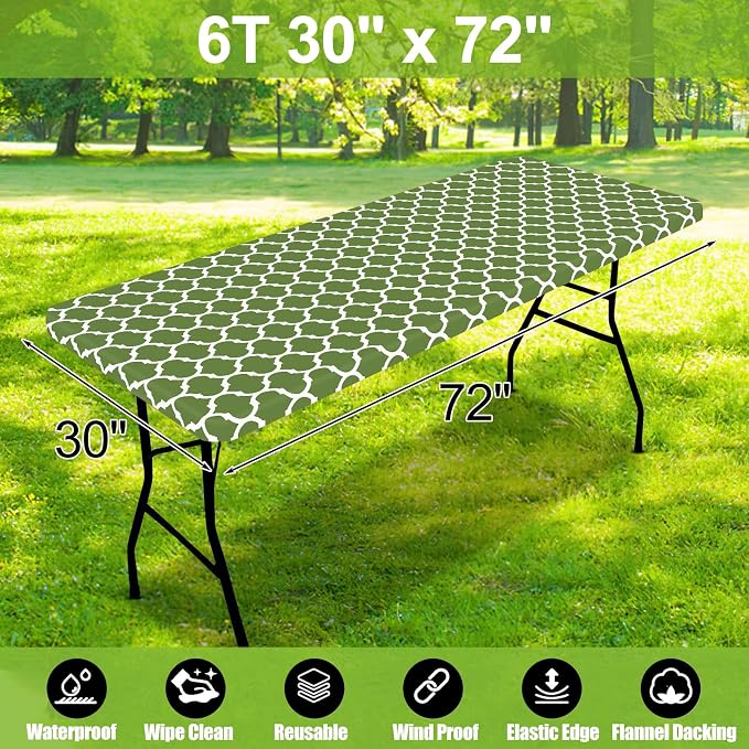 Smiry Picnic Fitted Table Cover, 6 Foot Flannel Backed Vinyl Tablecloth | Waterproof Elastic Stretch Table Cloth, Wipeable Plastic Tablecloth for Camping, Indoor & Outdoor (Green, 30" x 72")