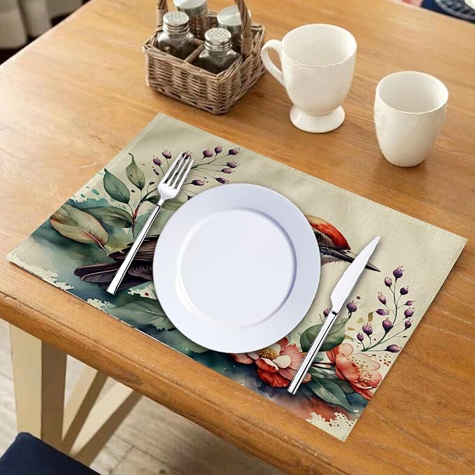 Watercolor Painting Birds Table Mats Set of 4 Spring Topical Flowers Placemats Waterproof Heat Resistant Washable Non-Slip Place Mats for Dinner Room Kitchen Decor Table 12”×16”(Brown, 12”×16”)
