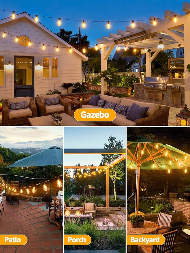 Outdoor String Lights Dimmable with Remote, 50 FT Outdoor Lights with 2 Timer and 3 Modes, Waterproof & Shatterproof Patio Lights, 2200K Energy Saving LED String Lights 2 Spare Bulbs for Patio Yard