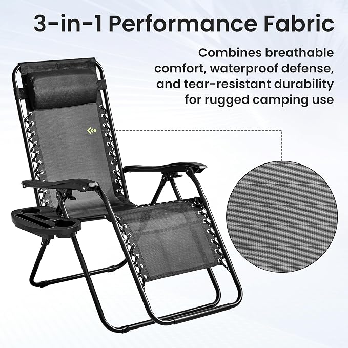 2-Pack Zero Gravity Lounge Chair Recliners - Adjustable Steel Frame with Removable Headrests & Cup/Phone/Tablet Trays - 330LBS Capacity - Light Black