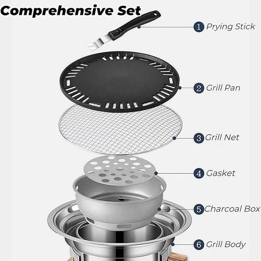 13.7 inch BBQ Charcoal Grill, Stainless Steel Round Korean Barbecue Grill, Portable Indoor Charcoal Grill with Grill Pan & Grill Net, Smokeless, Non-stick, for Indoor Grilling Outdoor Cooking Party