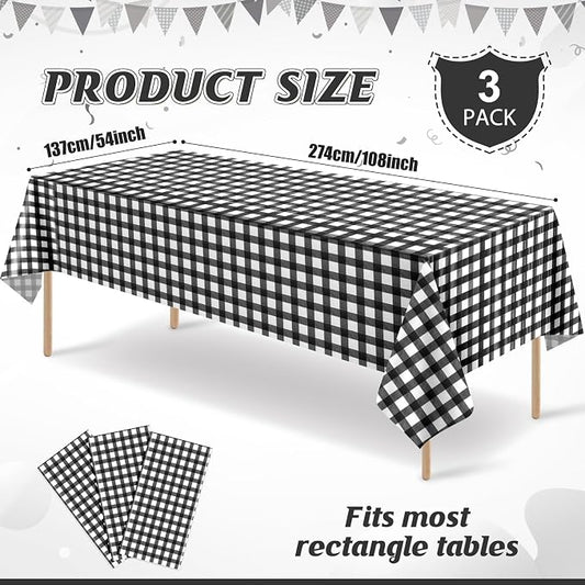 3Pcs Black and White Gingham Tablecloth Decorations, Disposable Plastic Black Checkered Tablecloth Buffalo Plaid Table Cover for Baby Shower Bridal Wedding Birthday Party Supplies,54 x 108 Inch