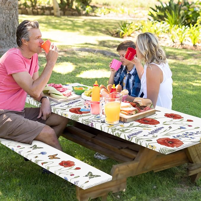 Picnic Table Cover with Bench Covers, Wildflower Camper, 72 Inch | 3PCS Waterproof fitted tablecloth elastic edges outdoor camping essentials with drawstring bag