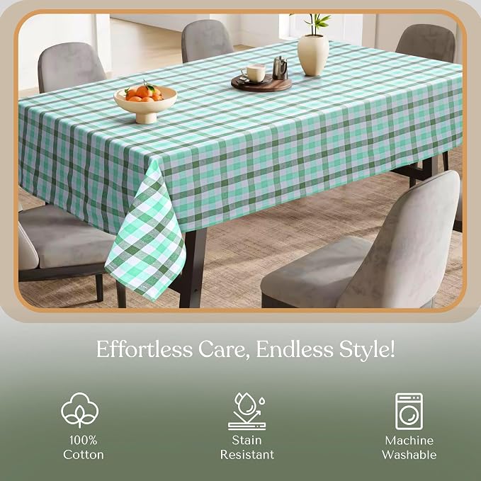 Gingham Tablecloth, 60x84 Inch, Soft Cotton Checkered Table Cover, Reusable & Durable for Daily Use, Garden Parties, Kitchen Decor, Outdoor Dining, Mint Green, Aqua Green, White