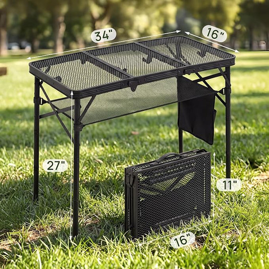 Folding Grill Table, 34"x16" Portable Camping Table with Storage Pocket, Heat Resistant & Waterproof Outdoor Picnic Table, Sturdy Lightweight for Travel Cooking BBQ, Camping, Backyard