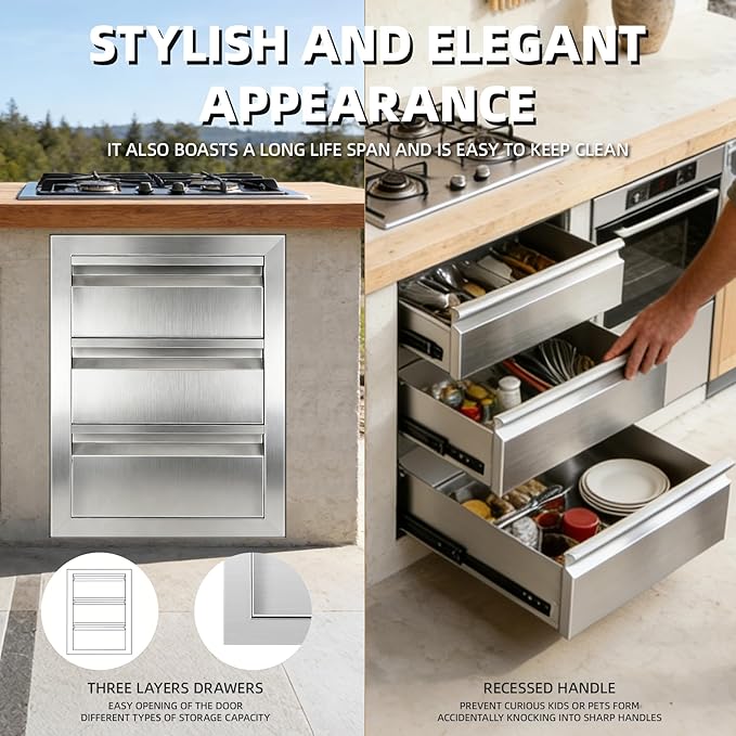 Outdoor Kitchen Drawers 18" x 23" x 23" Stainless Steel Triple Drawer Cabinet, Flush Mount Modular Storage for BBQ Islands & Patios