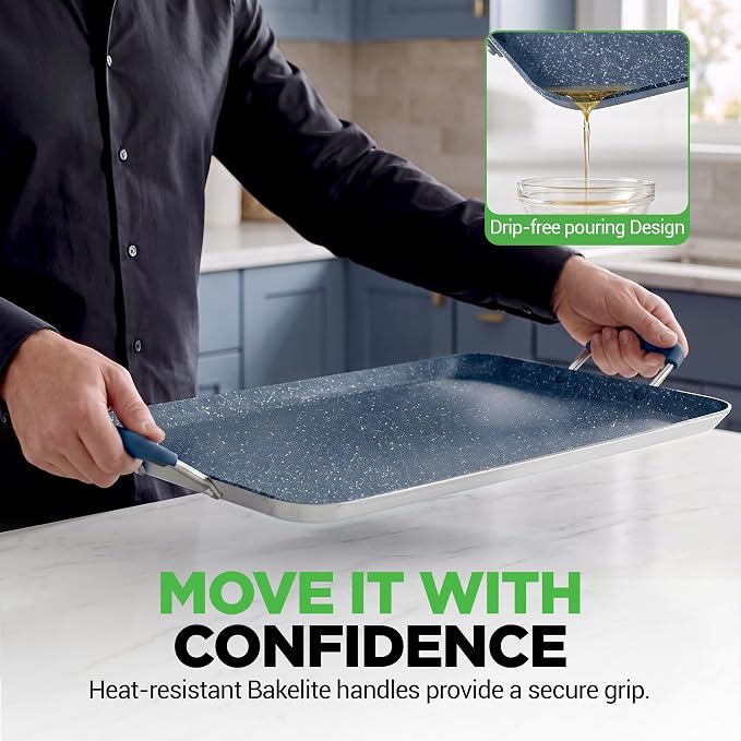 NutriChef Double Burner Griddle | Flat Top Griddle for Stove Top | Nonstick marble-coated griddle pan with extra-large easy to clean cooking surface, perfect for pancakes and tortillas
