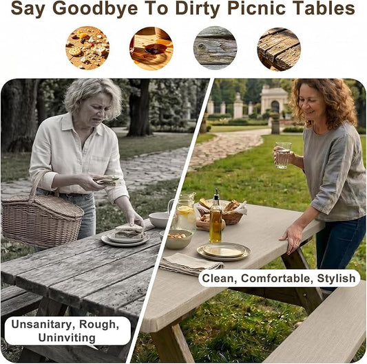 Picnic Table Cover with Bench Covers Windproof Waterproof Picnic Table Covers Camping Tablecloth with Self-Storage Bag, 72in, Light Brown