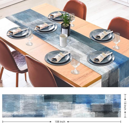 Emvency Modern Table Runner, Blue and Grey Geometric Abstract Artistic for Kitchen Coffee Table Family Dinners Holiday Parties Wedding Events Decor(13x72 inch)