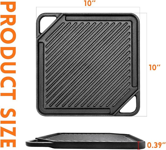 GGC Cast Iron Reversible Griddle | Double-sided Griddle Pan for Stove Tops and Gas Grills, 10"x 10" Square Baking Flat and Ribbed Griddle for Camping stoves