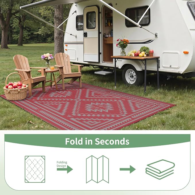 GENIMO Outdoor Rug, Waterproof Plastic Rugs for Patio, 6'x9' Mist Red | Outside Larger Modern Carpet Mat for Porch Decor, Deck, Balcony, Camping, RV, Backyard, Picnic, Beach, Reversible, Foldable