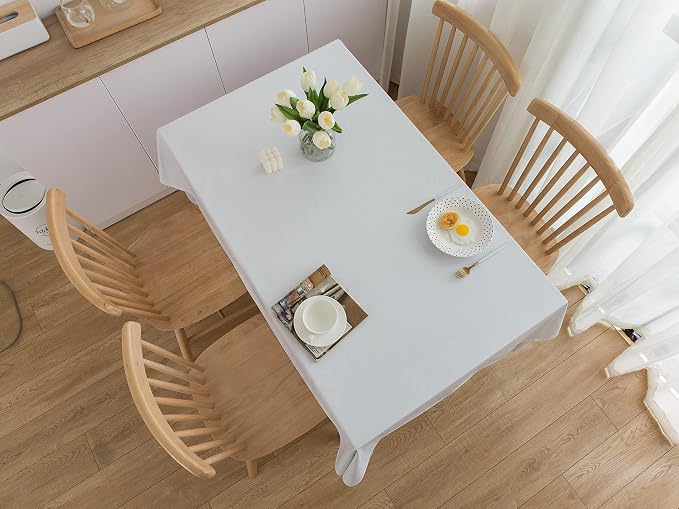 LIBERECOO Vinyl Tablecloth with Flannel Backing, Solid White, Waterproof, Stain-Resistant, Easy-Clean Table Cover for Dining, Kitchen, and Outdoor Use, 60" x 84" Rectangle