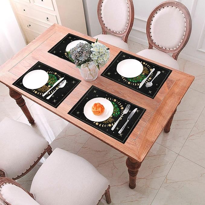 Black Placemats Set of 4, Ancient Life Tree Decorative Place Mats | for Dining Table Decor, Linen Washable Table Mats for Kitchen Outdoor Party Home Moon Luna Hippy Decor 12"x18"