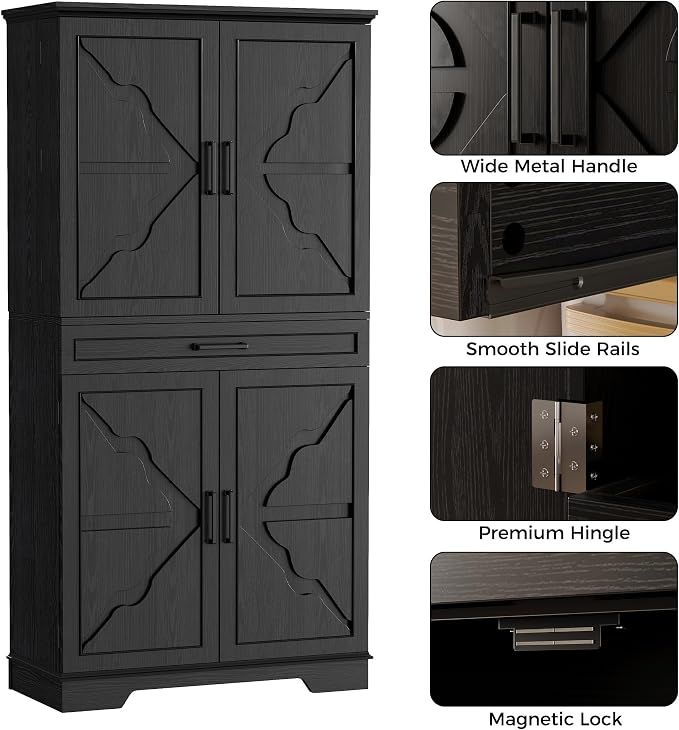 IRONCK 72" Farmhouse Kitchen Pantry Cabinet with Sliding Storage Rack,Black | Tall Freestanding Cupboard with 6 Hanging Shelves for Kitchen, Dining Room