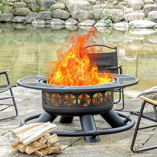 Verdeluxe 47 Inch Outdoor Fire Pit with 2 Grills, Extra Large BBQ Firepits for Outside, Metal Round Fire pits with Lid&Fire Poker,3 in 1 Wood Burning Outdoor Fireplaces for Backyard,Patio,Bonfire