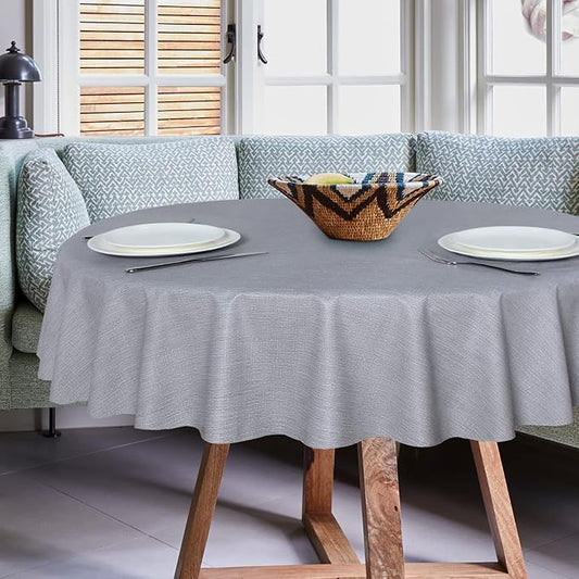 sancua 100% Waterproof Vinyl Tablecloth Table Cloth 54 Inch Round, Grey | Oil Spill Proof, PVC Material, Wipe Clean Table Cover for Dining Tables, Buffet Parties and Camping