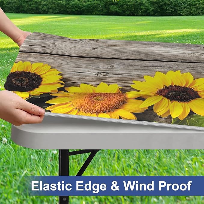 Irisbell Picnic Table Cover with Elastic Edge,6FT Wind Proof Wrinkleproof Fitted Tablecloth Cover Camping Beach Patio Rectangle Table Cloth for Indoor Outdoor (Wood & Sunflower, 30'' x 72'')