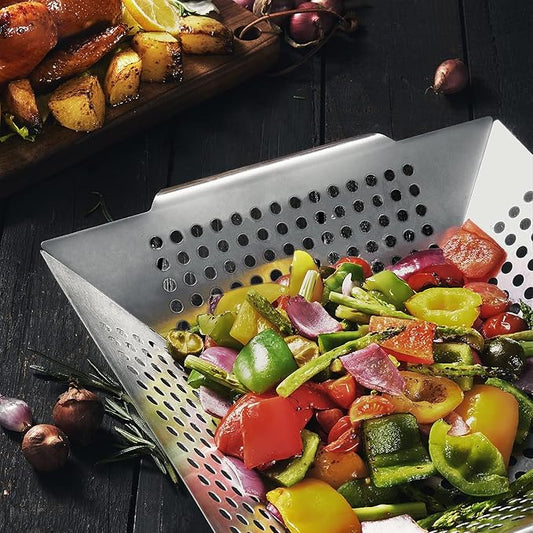 JY COOKMENT Grill Basket- Stainless Steel Grilling Basket for Indoor and Outdoor Use, Heavy Duty Vegetables Grill Basket for Veggies and Kabob, Suitable for All Grills, Dishwasher Safe