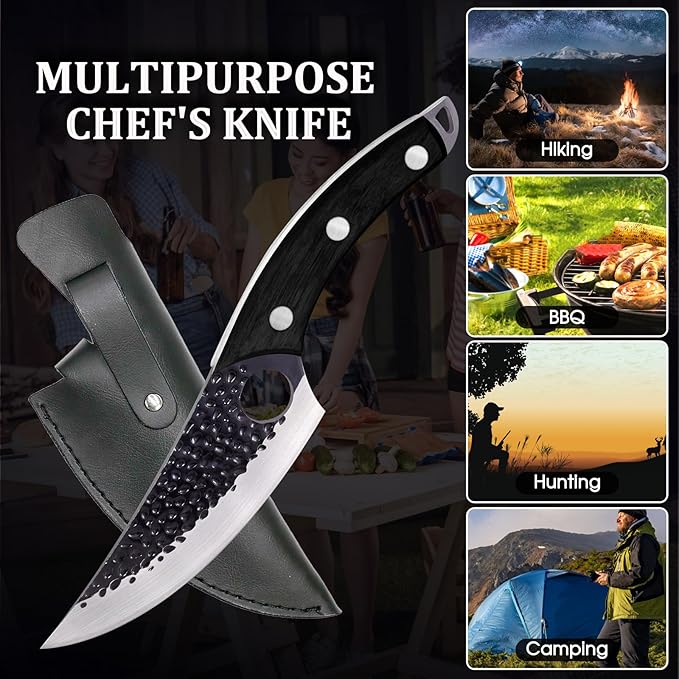 Chef Knife, Boning Knife for Meat Cutting, Viking knife with sheath,Hand Forged Japanese Knife,Kitchen Knives For Home, Outdoor Cooking, Camping BBQ (Black)