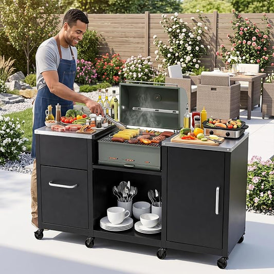 HAPPYGRILL 59” Outdoor Grill Table w/2 Removable Shelves & Storage Cabinets | Heavy-duty BBQ Prep Station w/ Stainless Steel Top, Lockable Universal Wheels, Suitable for Gas Grills & Charcoal Griddles