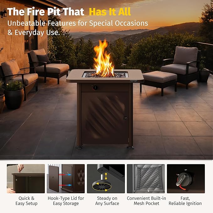 East Oak 28โ Outdoor Propane Fire Pit Table | 52,000 BTU Gas Fire Pit for 2-4 People with Space-Saving Hock Lid, Mesh Pocket & Lava Rocks | CSA Certified Safe for Patio, Deck, Backyard, Brown