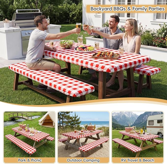 SquarePie Picnic Table Cover with Bench Covers - Waterproof Fitted Elastic Tablecloth for 6 FT Tables - Washable Polyester Camping Table Cloth for Outdoor Patio RV BBQ (Red Checkered, 30"x72")