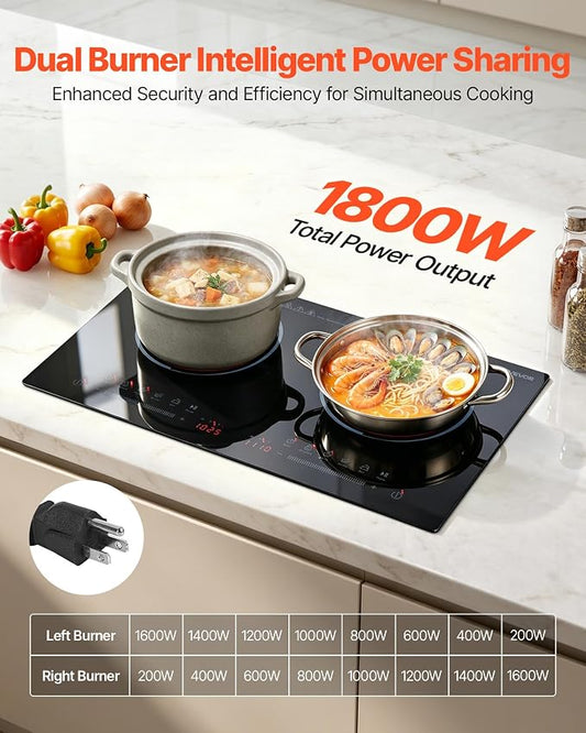 VEVOR Electric Cooktop 24inch 2 Burners Portable Stove Top 1800W 120V, Ceramic Countertop/Built-in Radiant Electric Stove, with 9 Power Levels, Timer, Child Lock, Over-Heat Guard, Touch Control