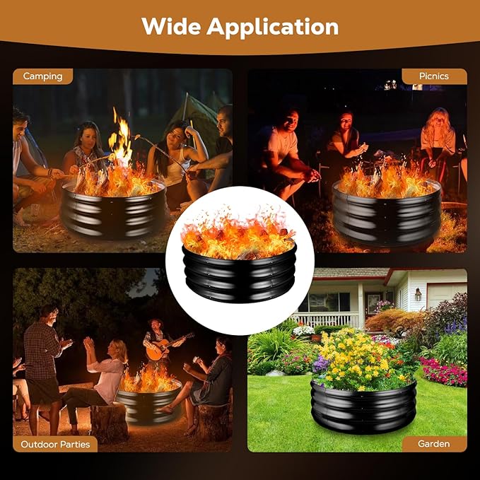 Raynesys 36 Inch Round Galvanized Fire Pit Ring, Round Galvanized Fire Ring, 3 Feet Diameter Round fire Pit, Outdoor fire Pit for Backyard, Camping, Bonfire, Black