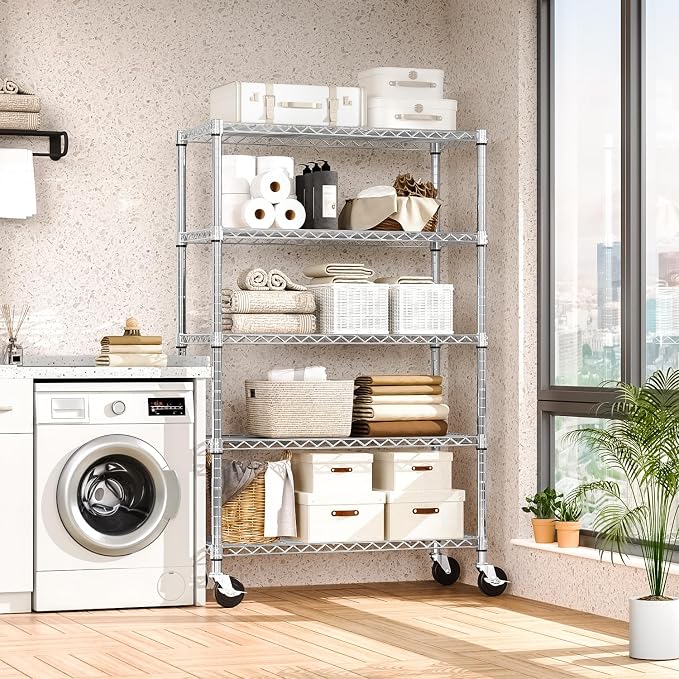 M MZG 5-Shelf Storage Shelves,Wire Shelving Heavy Duty Metal Storage Shelving Unit Adjustable Garage Shelving Rack Pantry Kitchen (Chrome, 5 Tier,17.7" D x 47.2" W x 76.7" H) (Pack of 2)