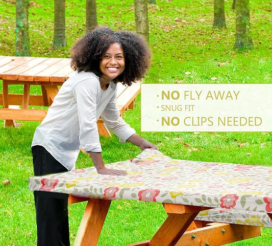 LINPRO 8ft Picnic Table Cover with Bench Covers Vinyl Fitted Picnic Table Covers with Elastic Camping Essentials and Picnic Tablecloth and RV Accessories