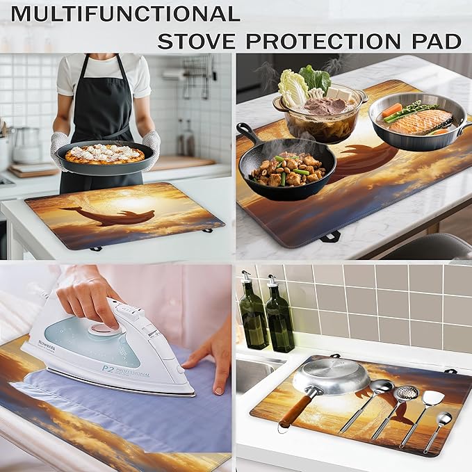 Jumping Dolphin Stove Top Covers for Electric Stove,Sea Sunset Glass Top Stove Cover, Heat Resistant Range Covers for Electric Stove,Washable Countertop Mat, 28 x 20 Inch