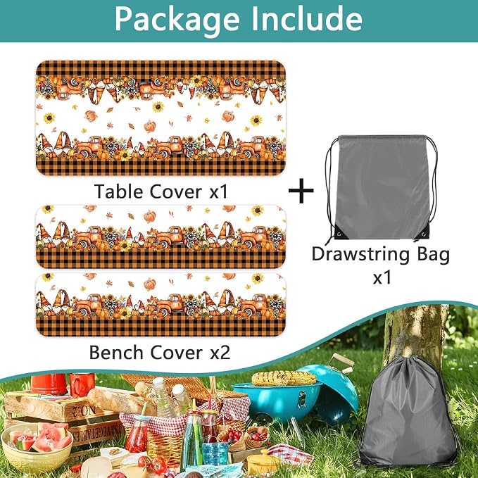 Fall Picnic Table Cover with Bench Covers, Camping Essentials, Thanksgiving Buffalo Plaid Floral Waterproof Windproof, Fitted Tablecloth Cover with Elastic Edge, Indoor & Outdoor, 3 PCS, 30x60 Inch