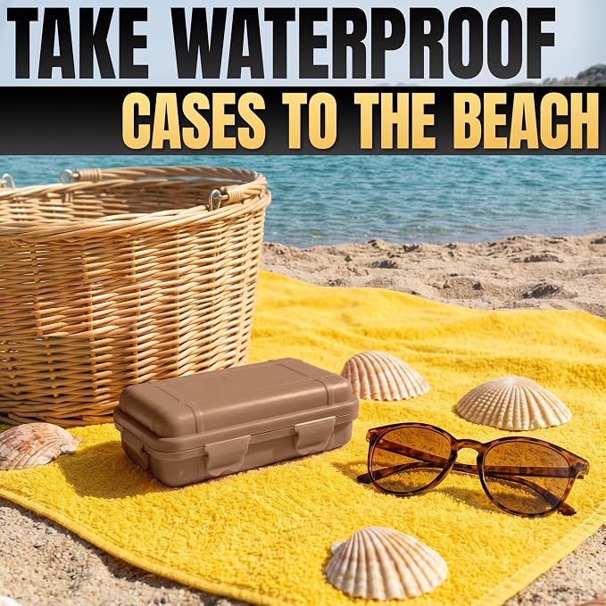 2 Pcs Small Waterproof Box Set, 4.92x2.95x1.53", (Black & Khaki) | Geocache Containers; Durable Plastic Shell, Foam Insert, Tether Loops; for Hiking, Travel, Camping, and Fishing Gear
