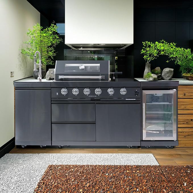 4 Burner Outdoor Kitchen Island with Grill and Side Burner, 72000 BTU Deluxe Stainless Steel Modular Outdoor Kitchen, Gas Propane BBQ Island with Refrigerator, Sink, Rotisserie, Storage Cabinet, Black